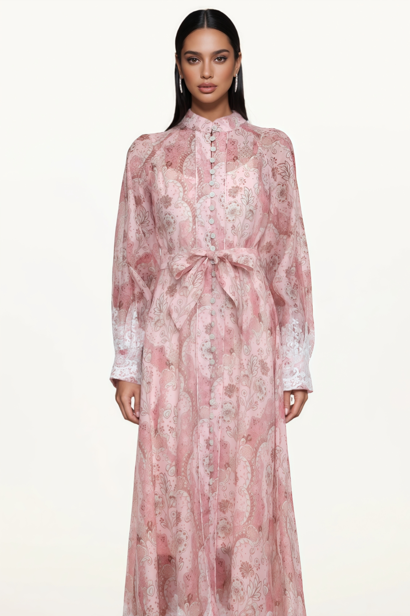 Scrletk Pink Long Sleeve Floral Print Lace Maxi Dress