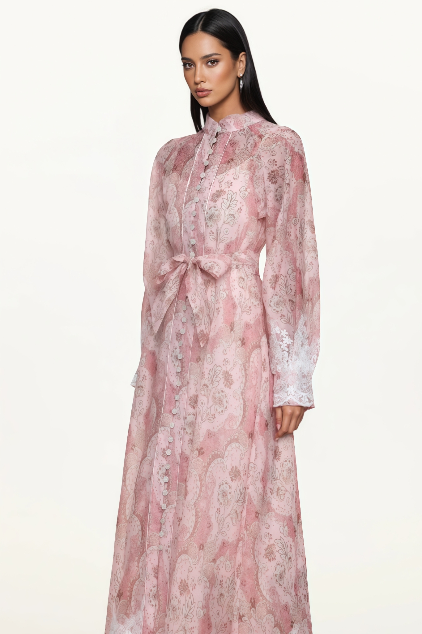 Scrletk Pink Long Sleeve Floral Print Lace Maxi Dress