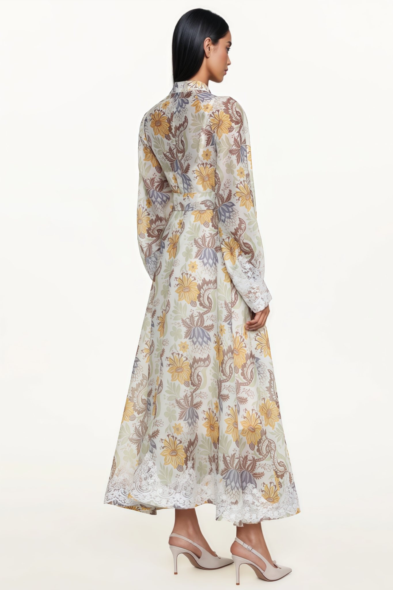 Devird Long Sleeve Floral Print Lace Maxi Dress