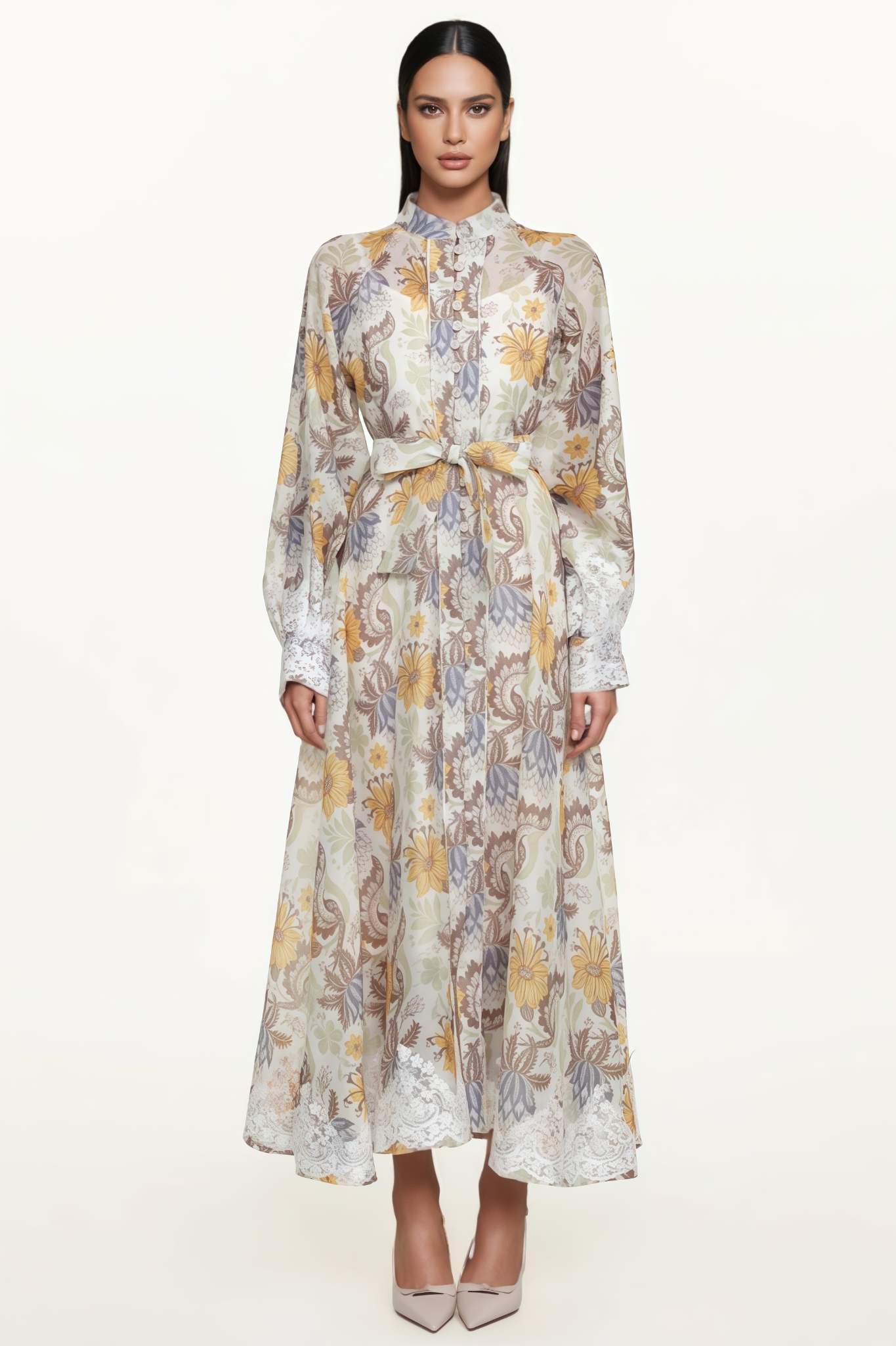 Devird Long Sleeve Floral Print Lace Maxi Dress