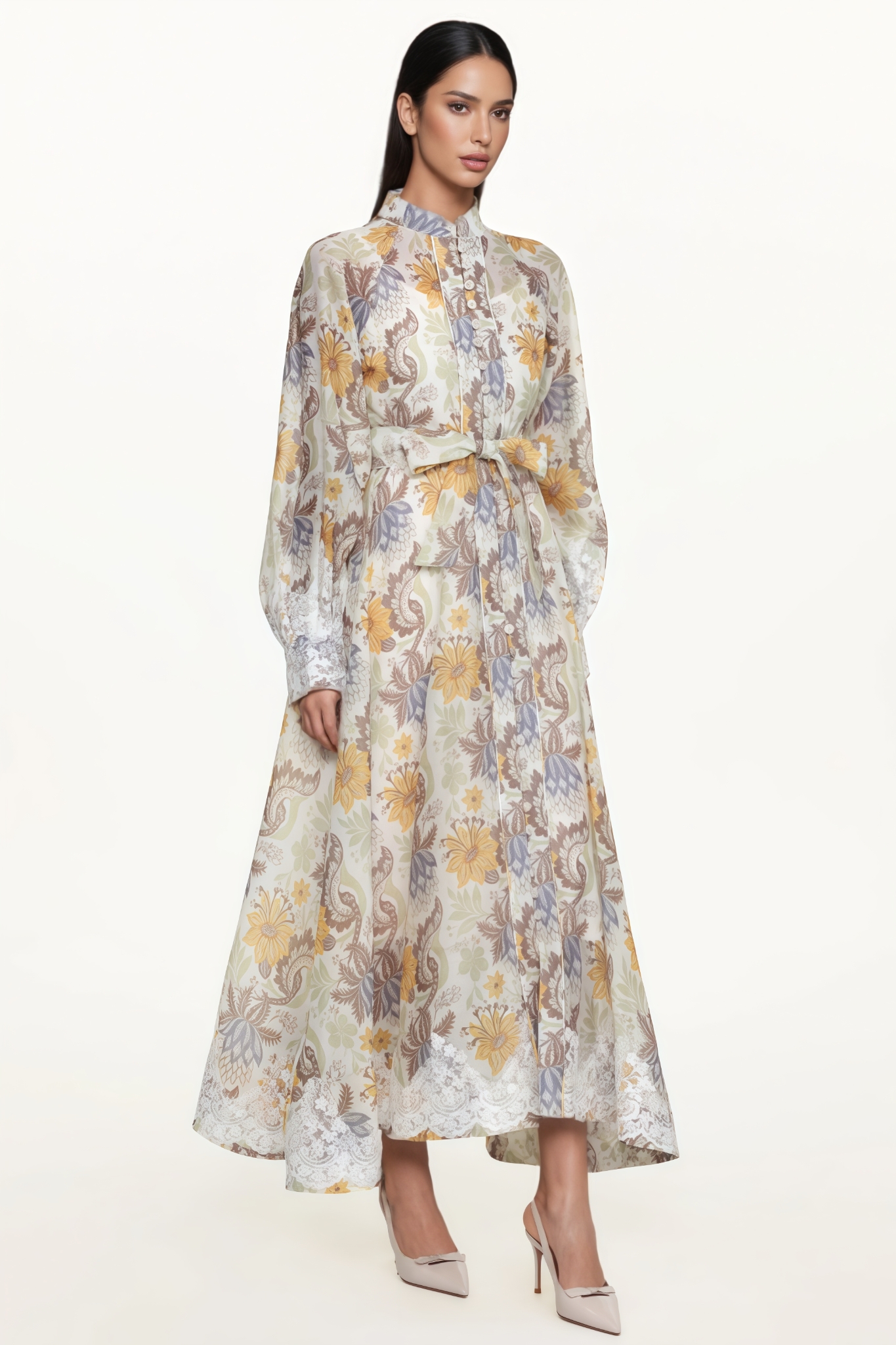 Devird Long Sleeve Floral Print Lace Maxi Dress