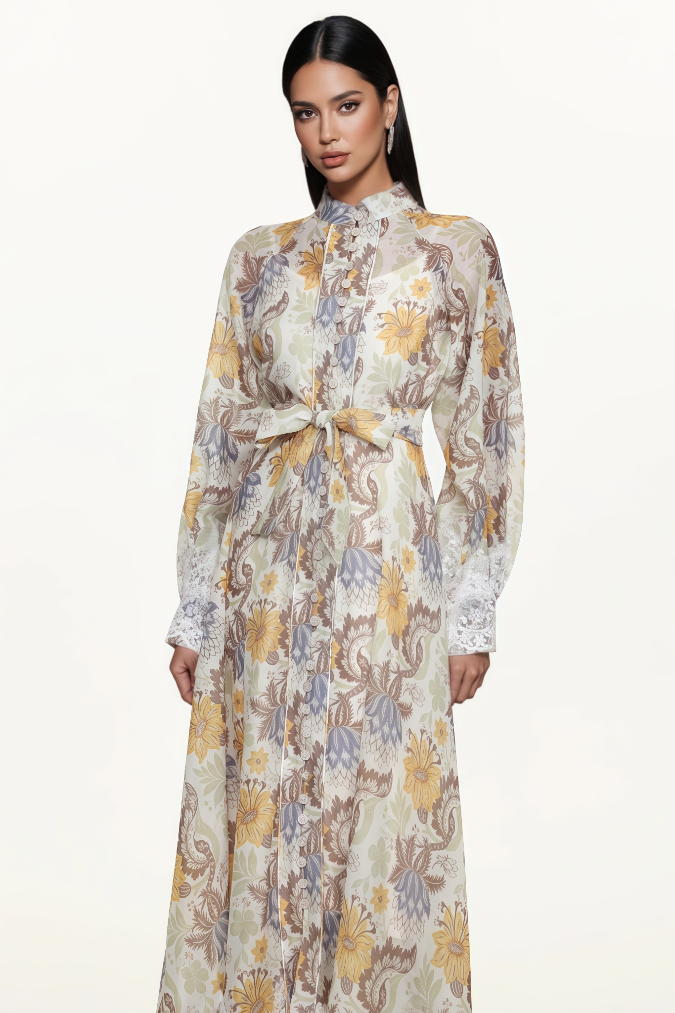 Devird Long Sleeve Floral Print Lace Maxi Dress