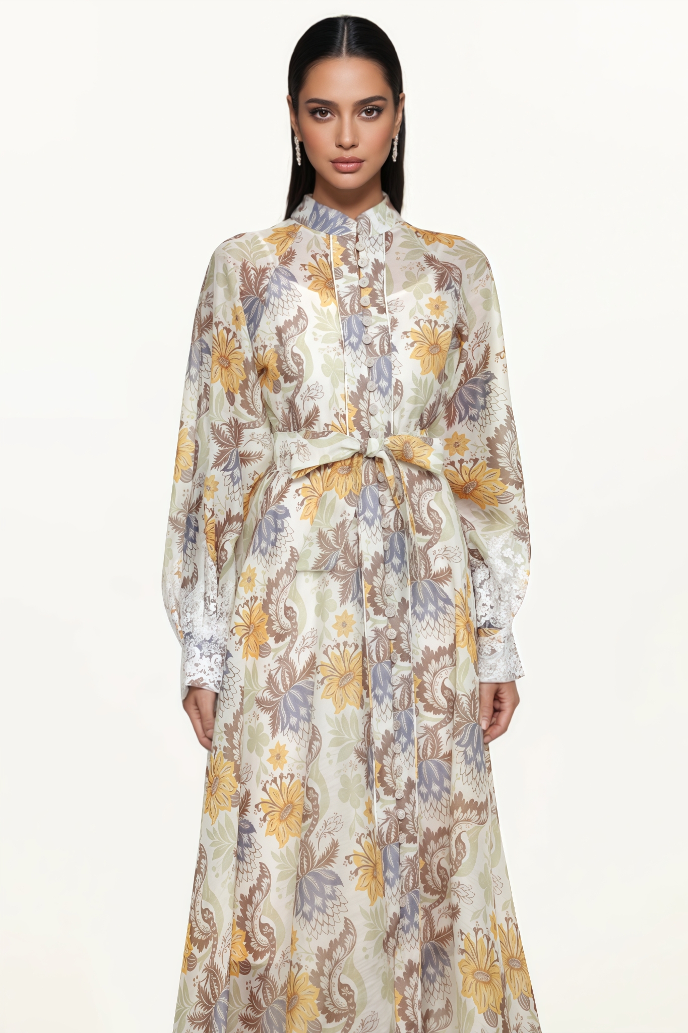 Devird Long Sleeve Floral Print Lace Maxi Dress