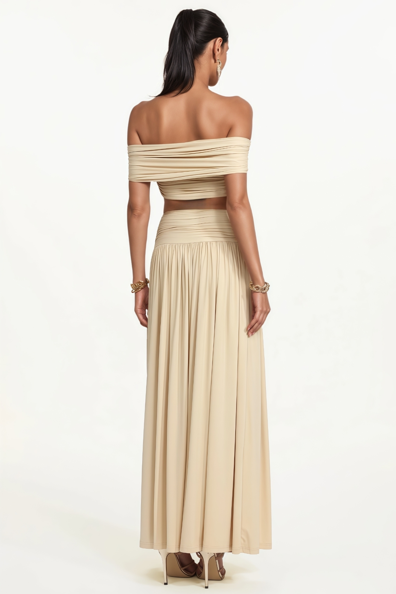 Eliyat Yellow Off Shoulder Bow Ruched Top Maxi Dress Set