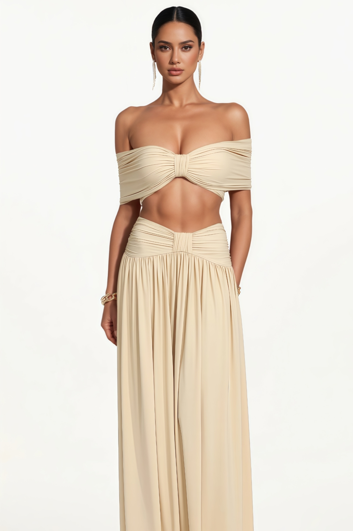 Eliyat Yellow Off Shoulder Bow Ruched Top Maxi Dress Set