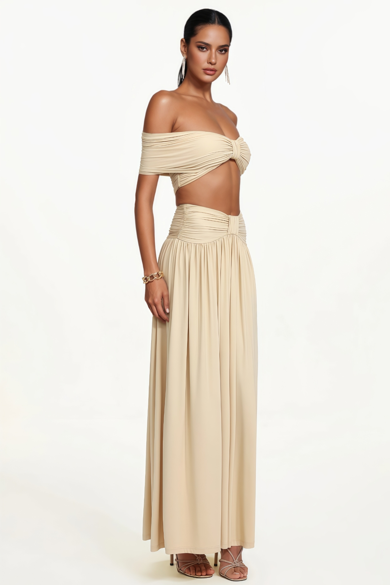 Eliyat Yellow Off Shoulder Bow Ruched Top Maxi Dress Set