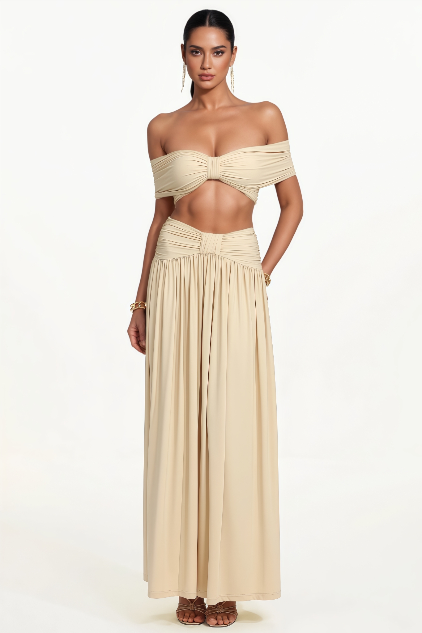 Eliyat Yellow Off Shoulder Bow Ruched Top Maxi Dress Set