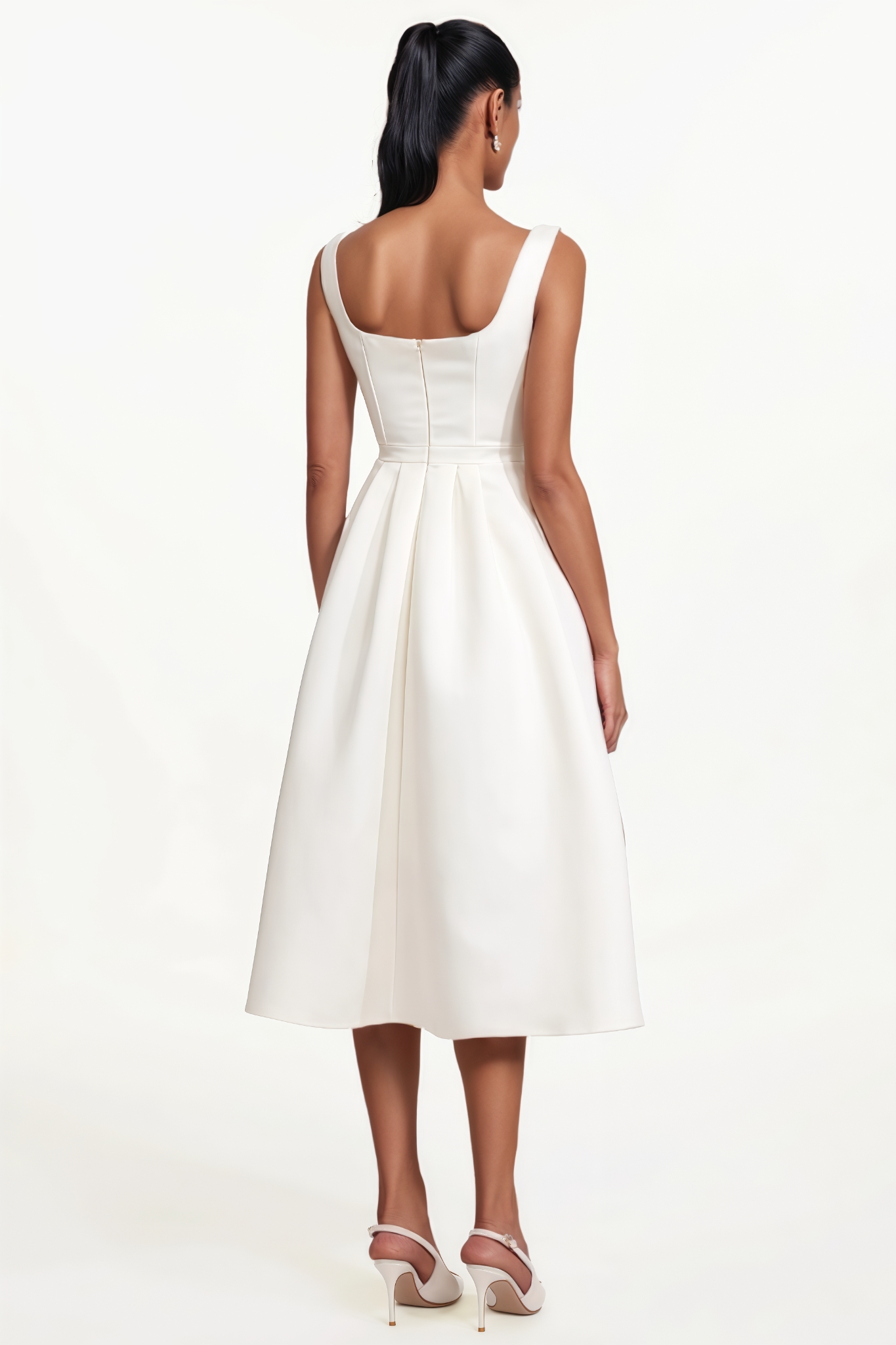 Zrava Square Neck Sleeveless Bow Pearl Midi Dress