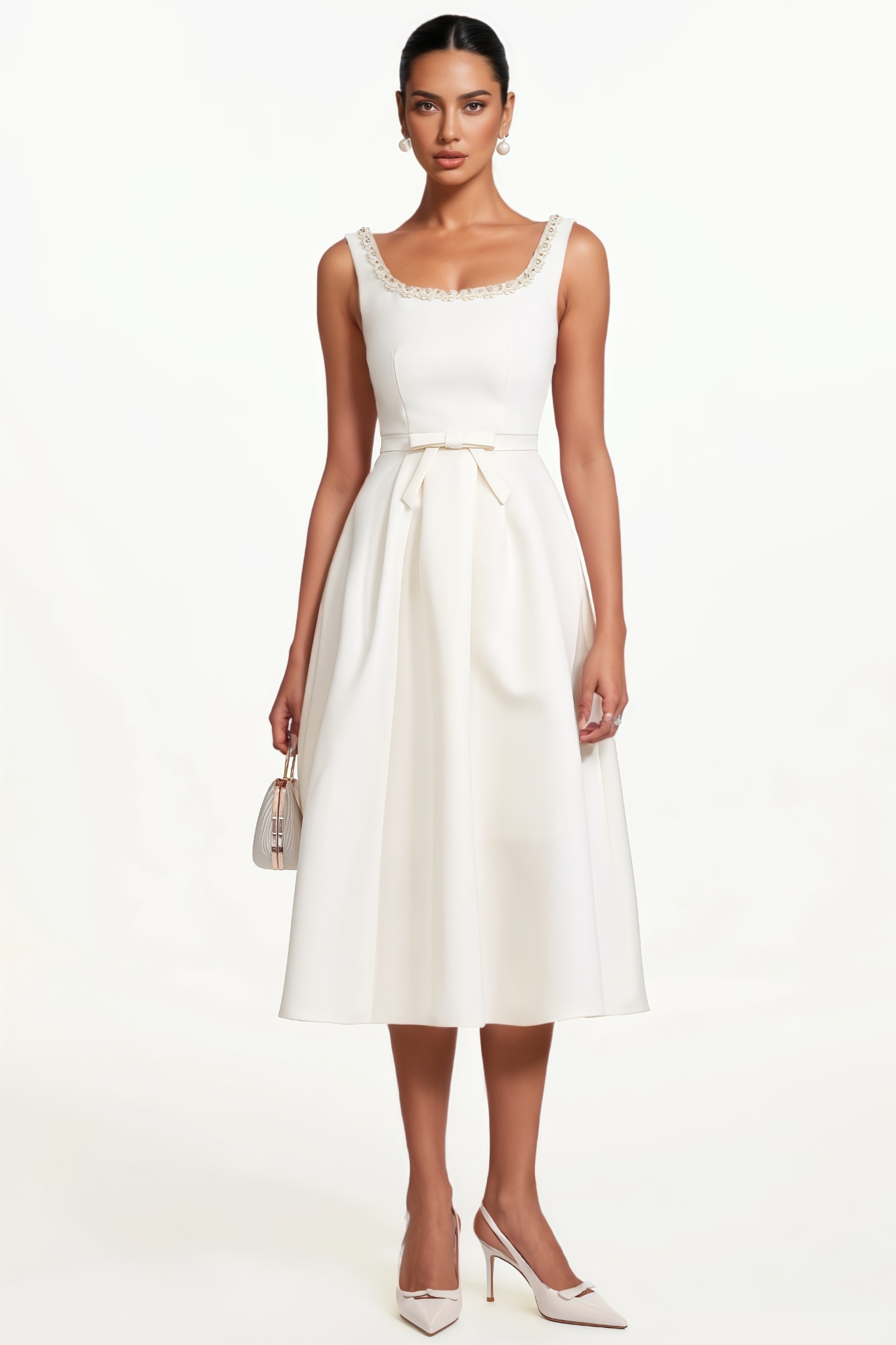 Zrava Square Neck Sleeveless Bow Pearl Midi Dress