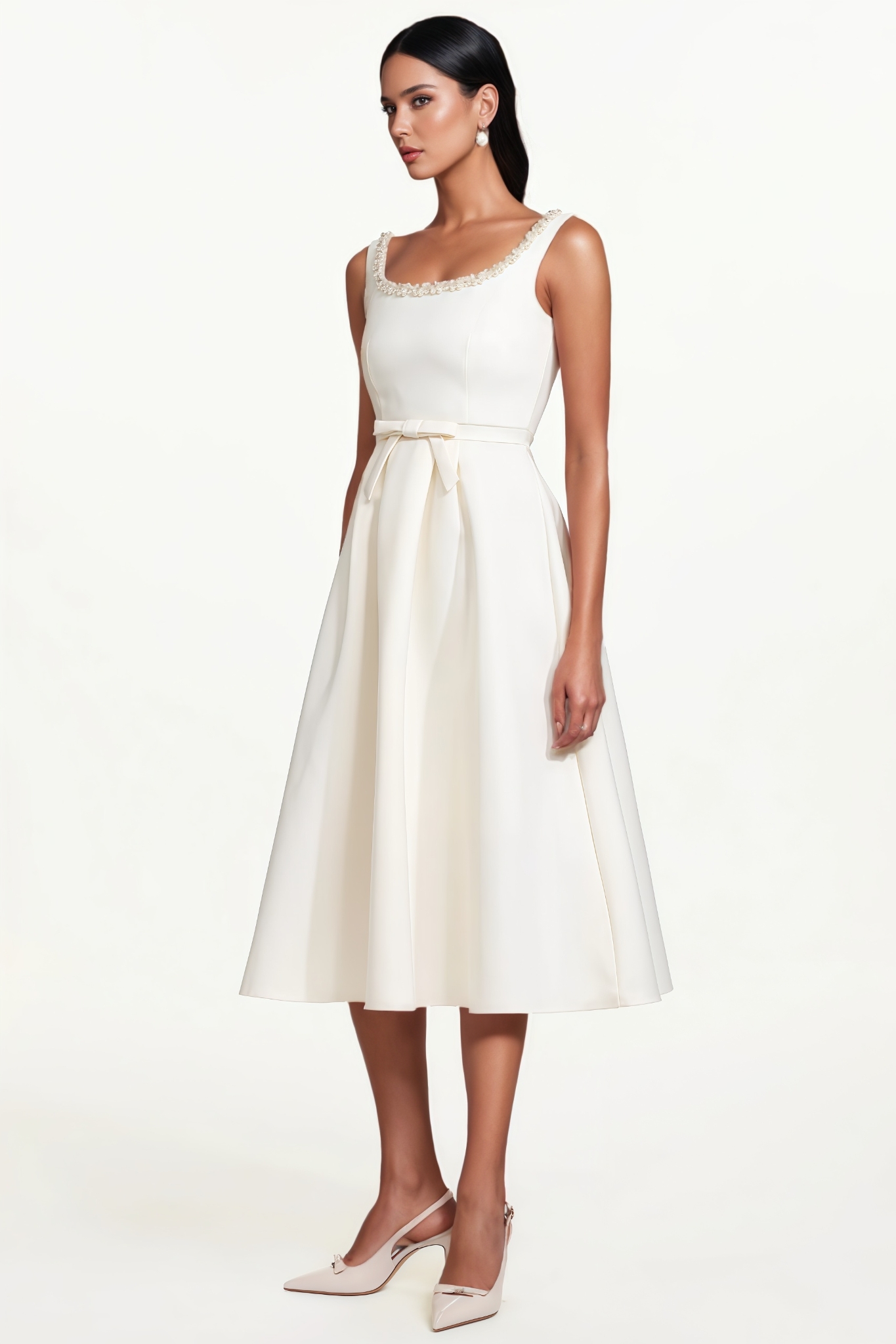 Zrava Square Neck Sleeveless Bow Pearl Midi Dress