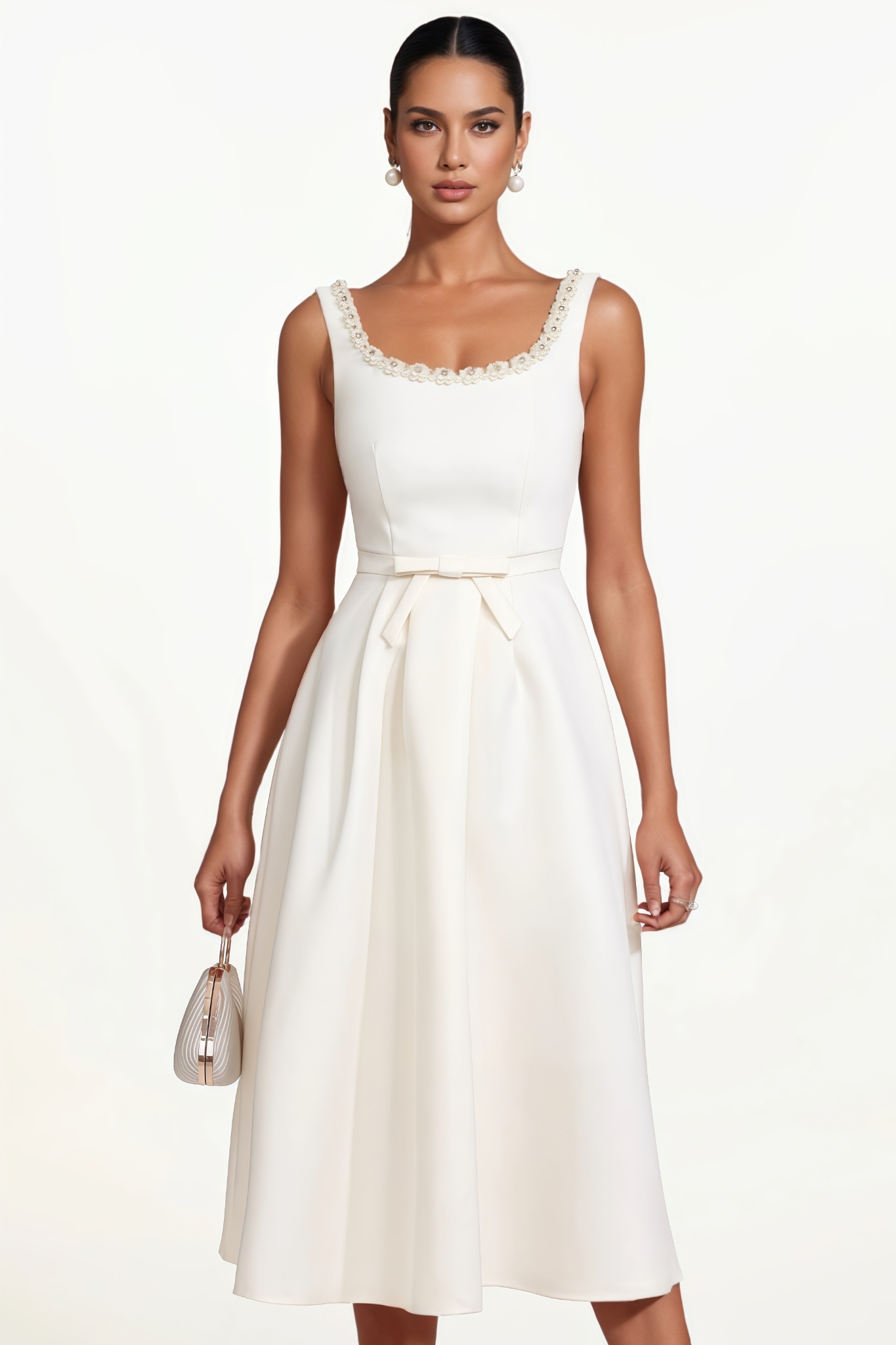 Zrava Square Neck Sleeveless Bow Pearl Midi Dress
