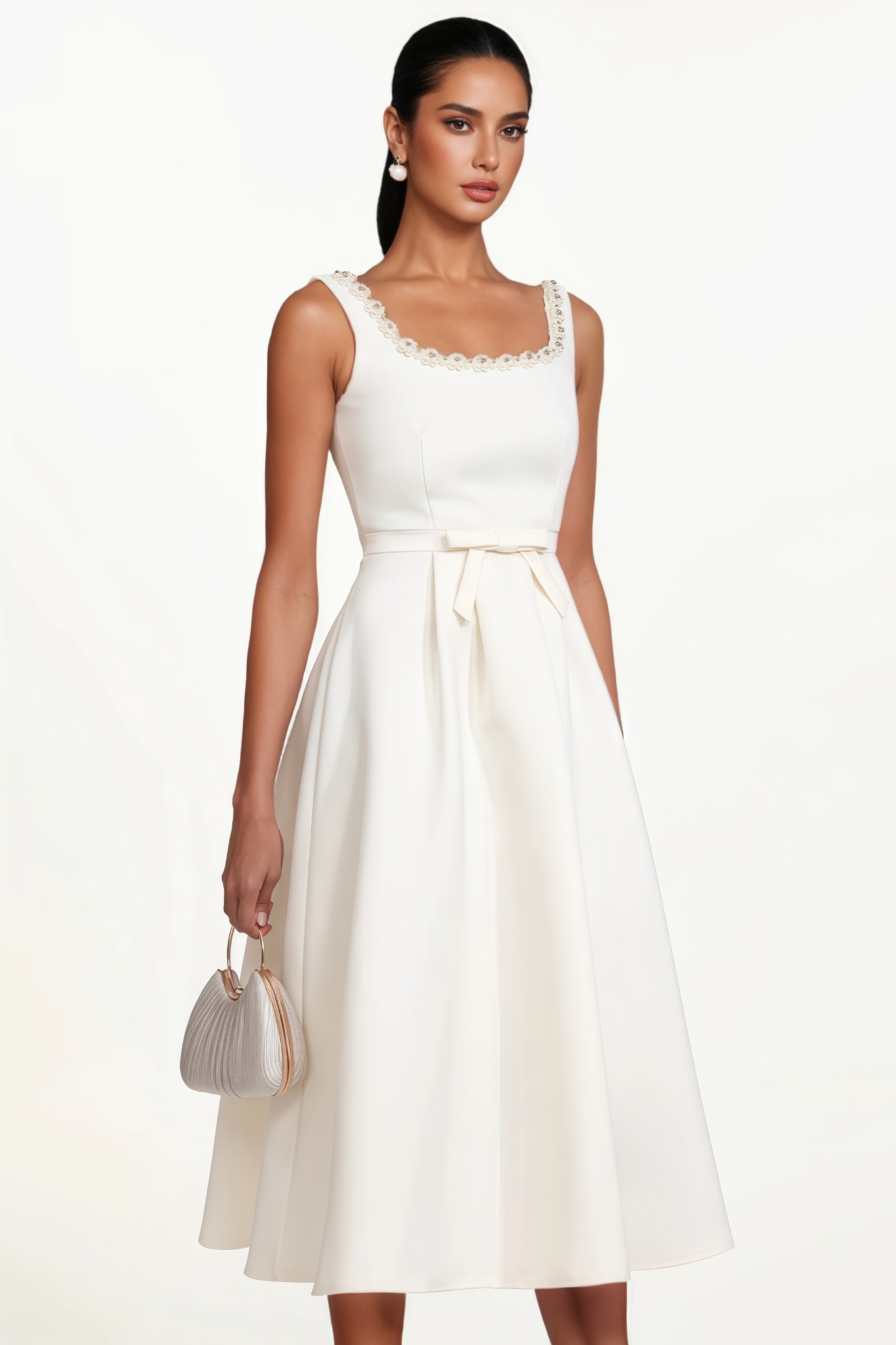 Zrava Square Neck Sleeveless Bow Pearl Midi Dress