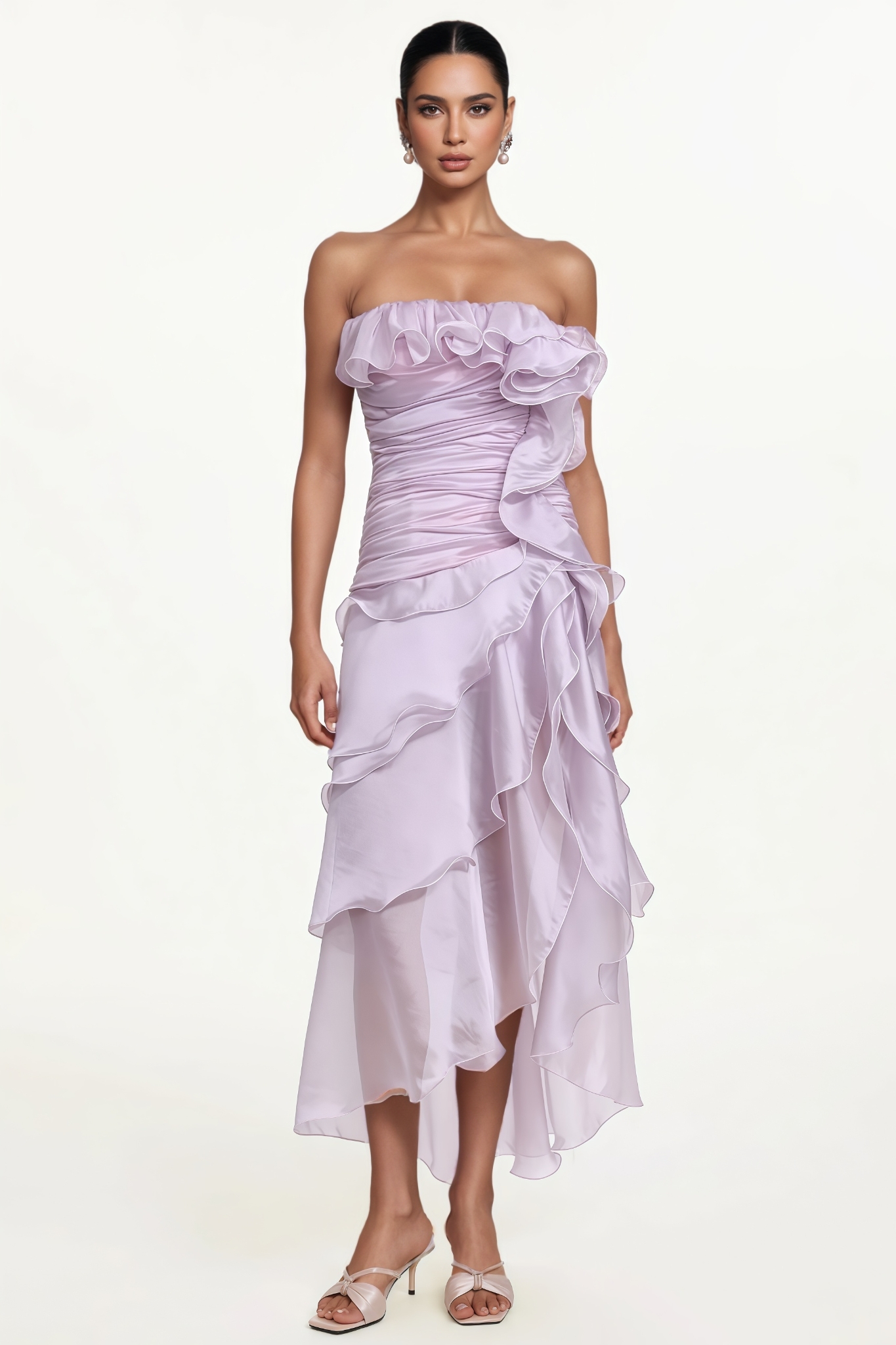 Adnwiy Purple Strapless Ruffle High Slit Maxi Dress