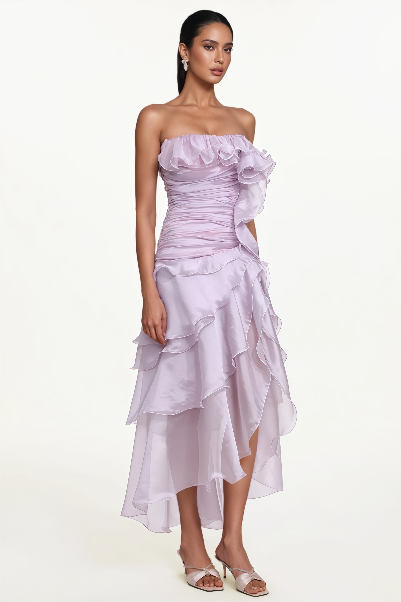 Adnwiy Purple Strapless Ruffle High Slit Maxi Dress