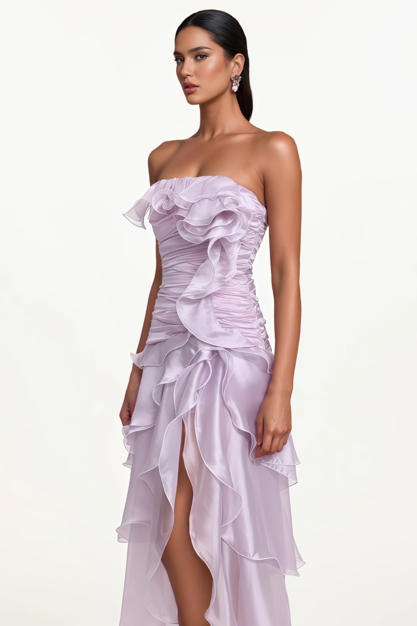 Adnwiy Purple Strapless Ruffle High Slit Maxi Dress