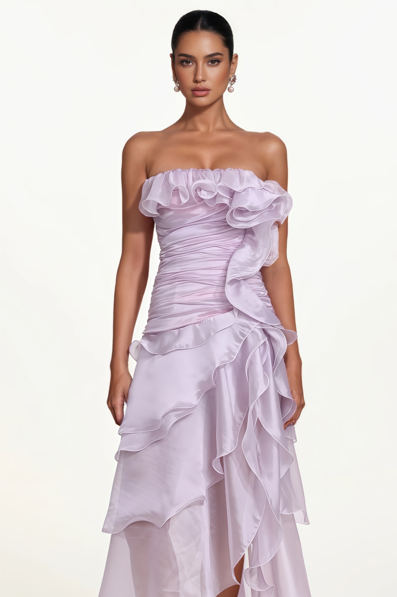 Adnwiy Purple Strapless Ruffle High Slit Maxi Dress