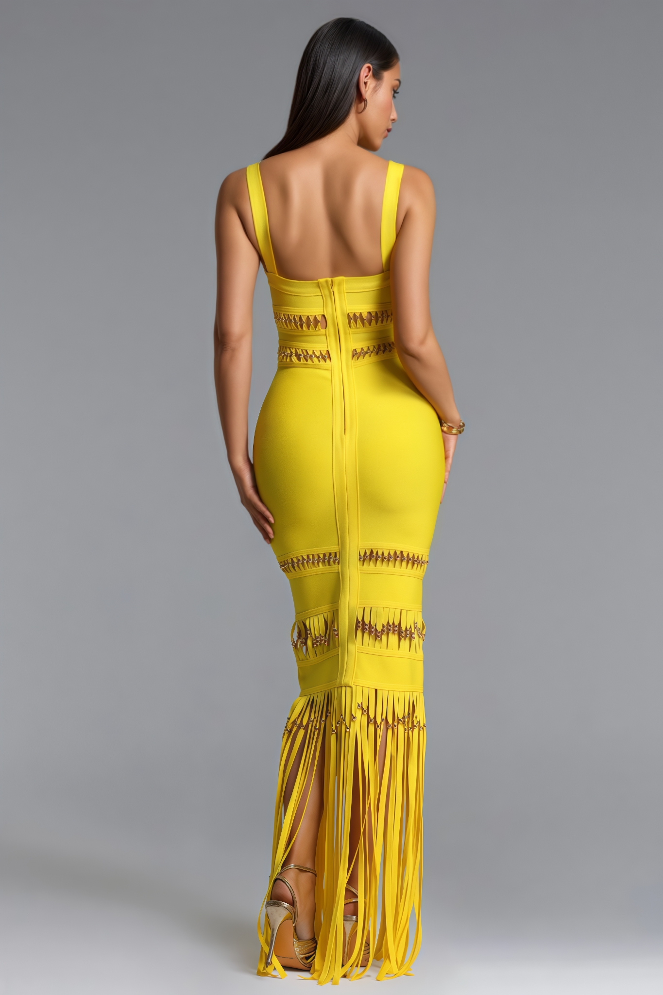 Samytha Sleeveless Beaded Fringe Bandage Maxi Dress