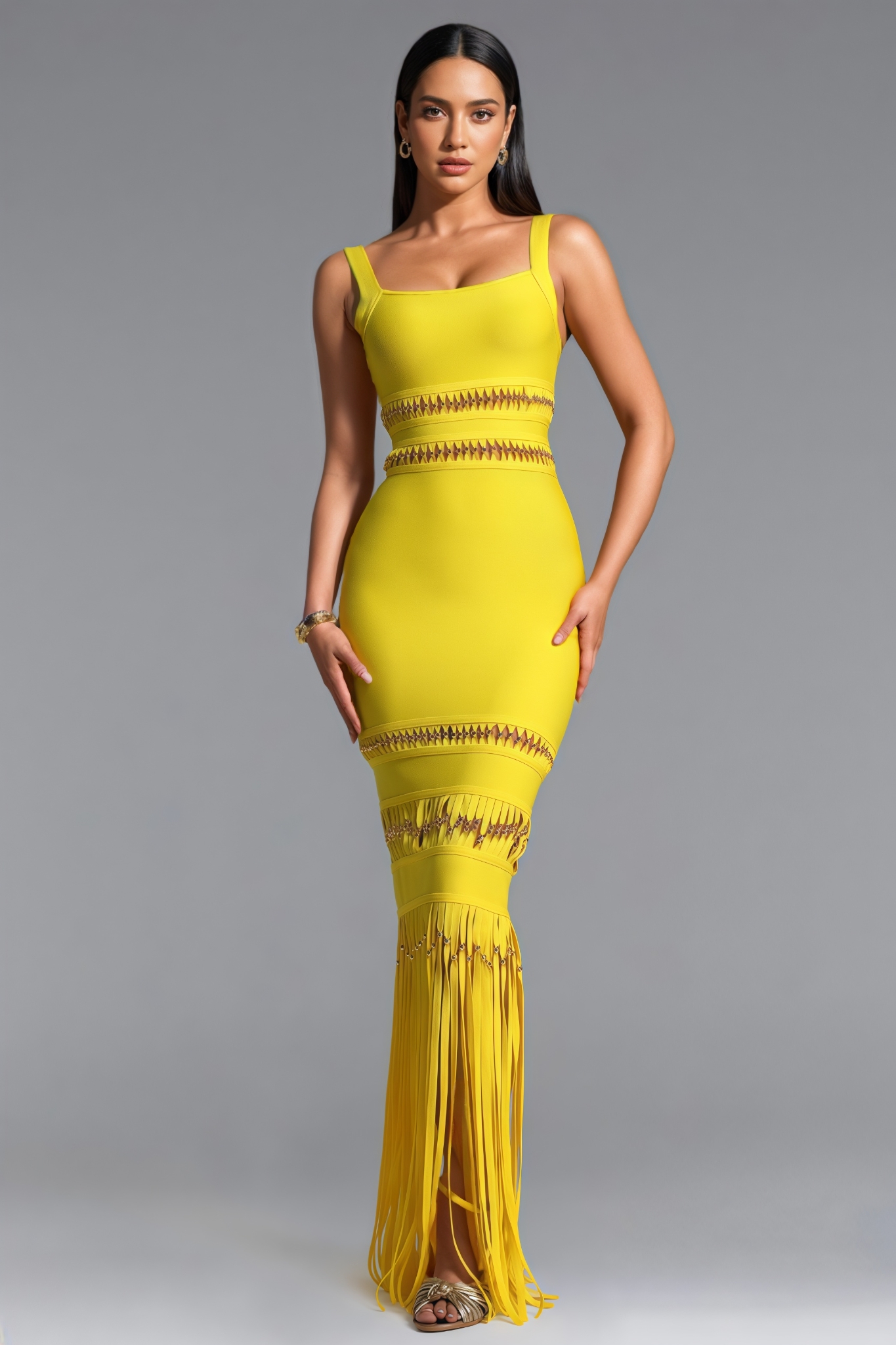 Samytha Sleeveless Beaded Fringe Bandage Maxi Dress