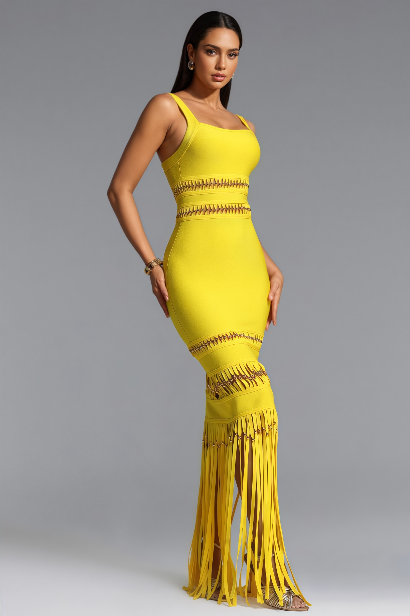 Samytha Sleeveless Beaded Fringe Bandage Maxi Dress