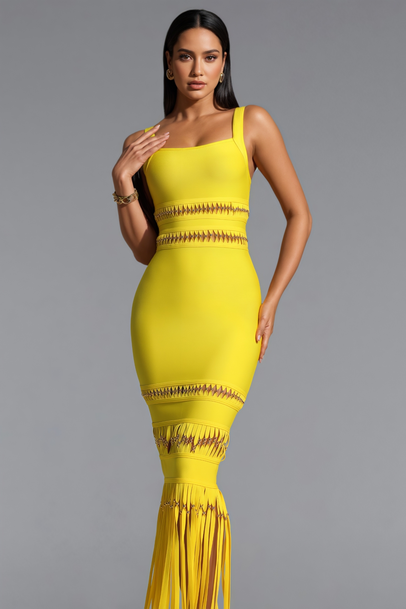 Samytha Sleeveless Beaded Fringe Bandage Maxi Dress