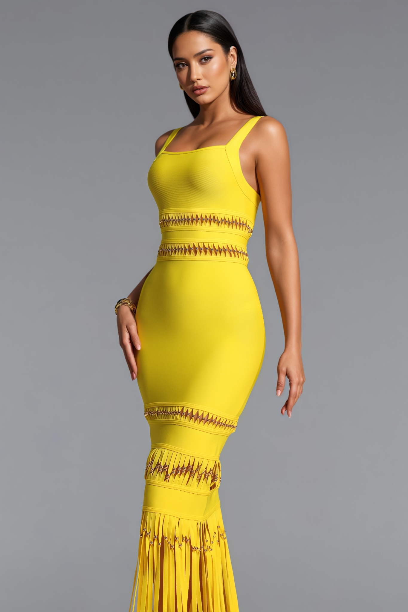 Samytha Sleeveless Beaded Fringe Bandage Maxi Dress