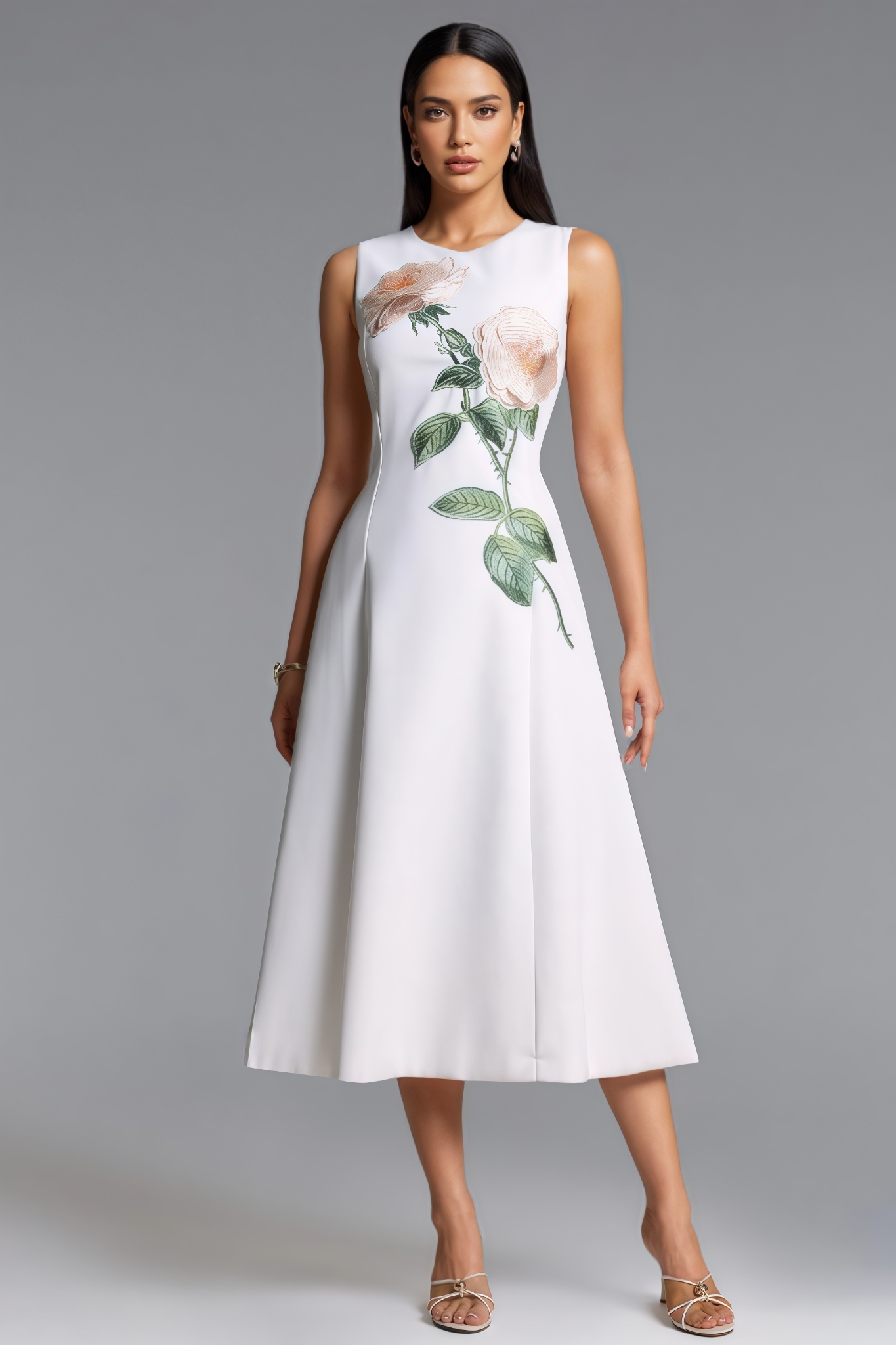 Gabreil Sleeveless Floral Embroidered White Maxi Dress