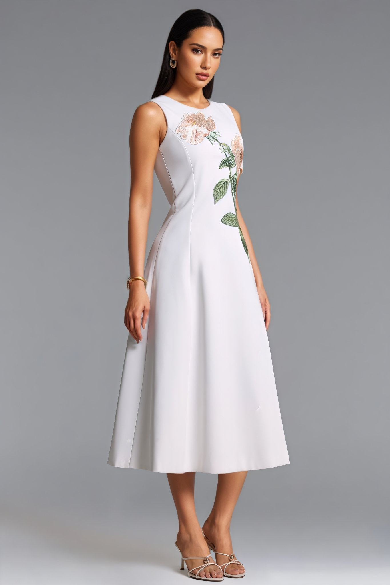 Gabreil Sleeveless Floral Embroidered White Maxi Dress
