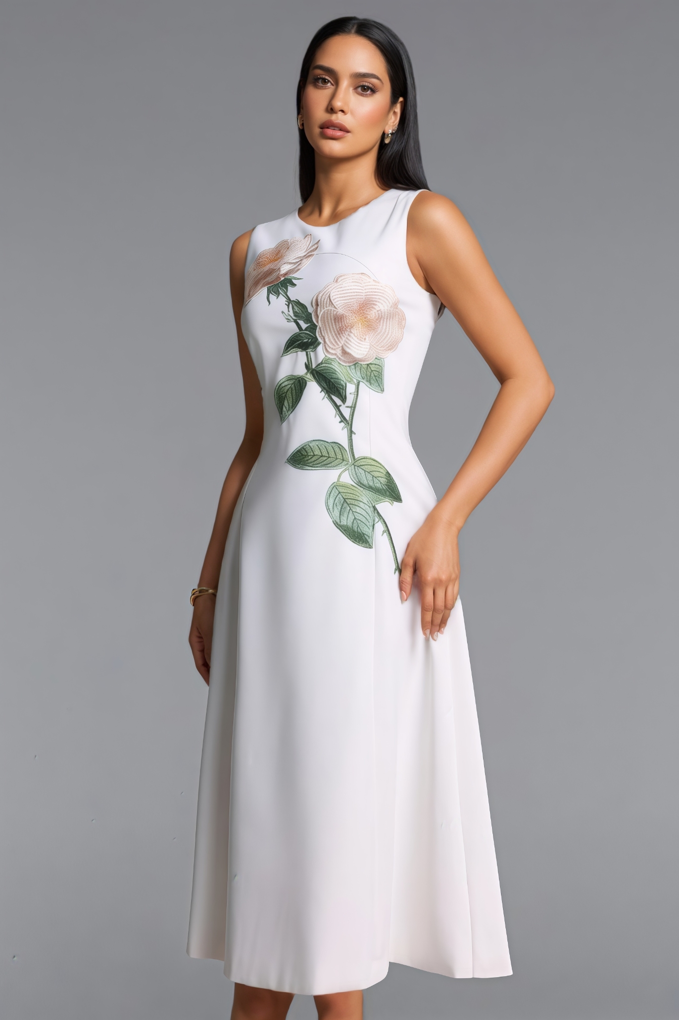 Gabreil Sleeveless Floral Embroidered White Maxi Dress