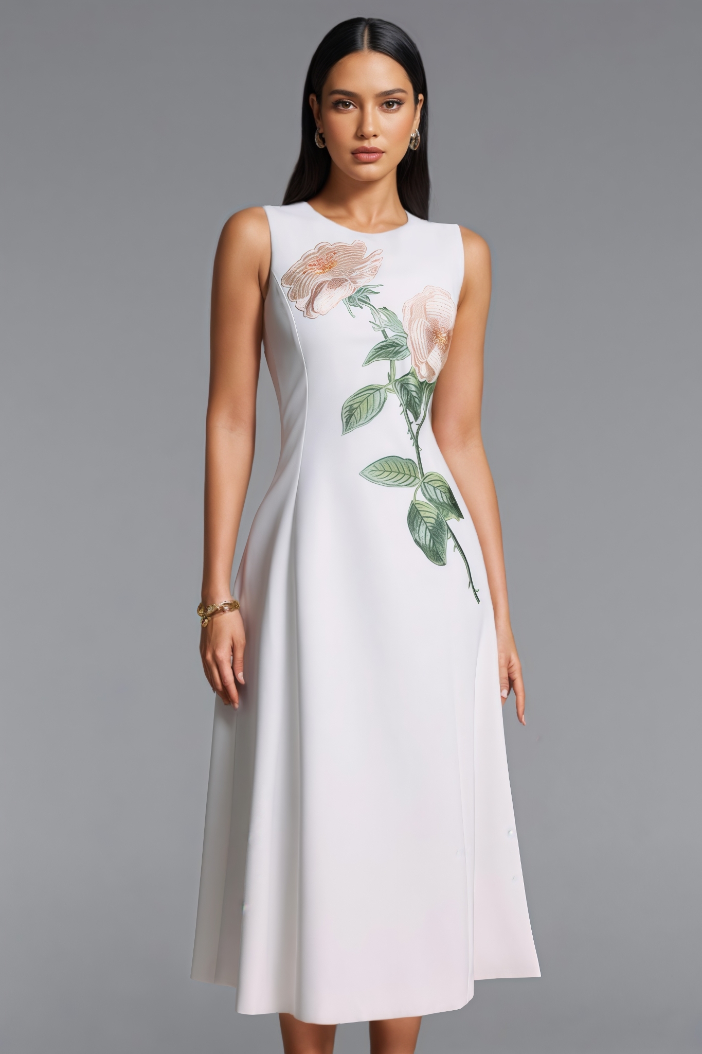 Gabreil Sleeveless Floral Embroidered White Maxi Dress