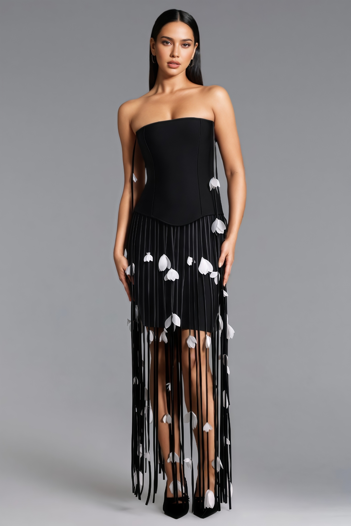 Julilang Black Strapless Fringe Bandage Maxi Dress