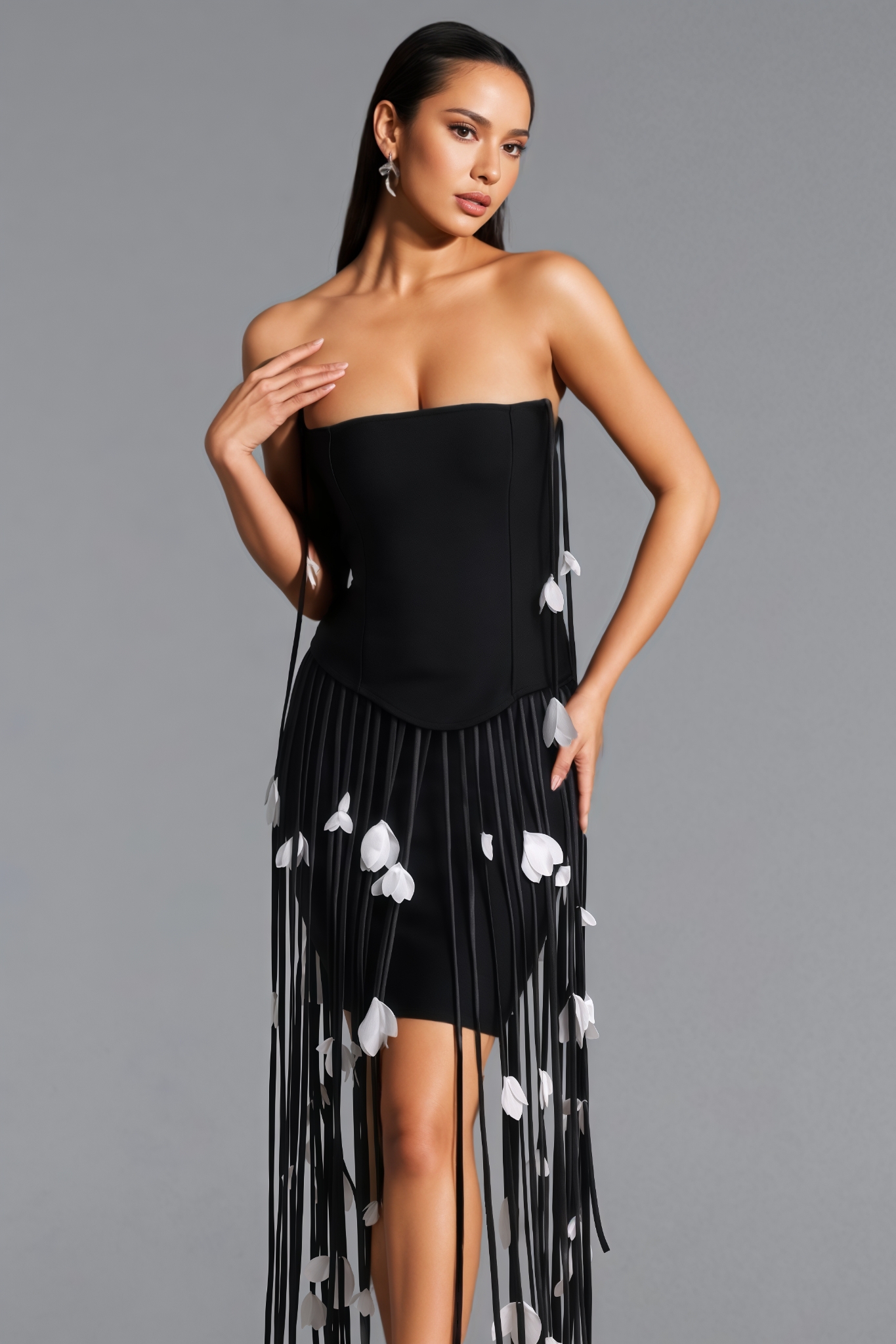 Julilang Black Strapless Fringe Bandage Maxi Dress