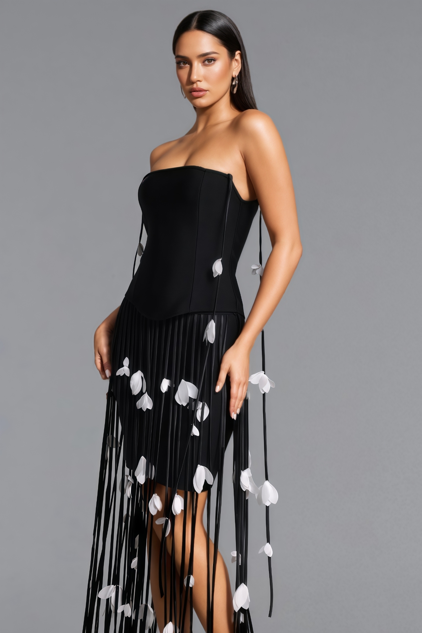 Julilang Black Strapless Fringe Bandage Maxi Dress