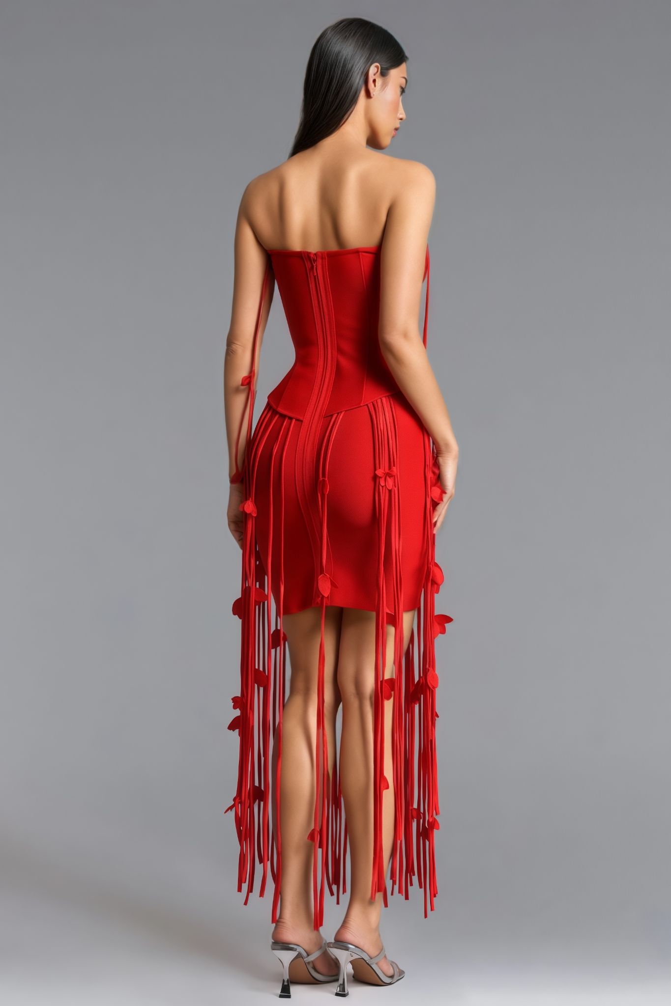 Aurbyre Red Strapless Fringe Bandage Maxi Dress