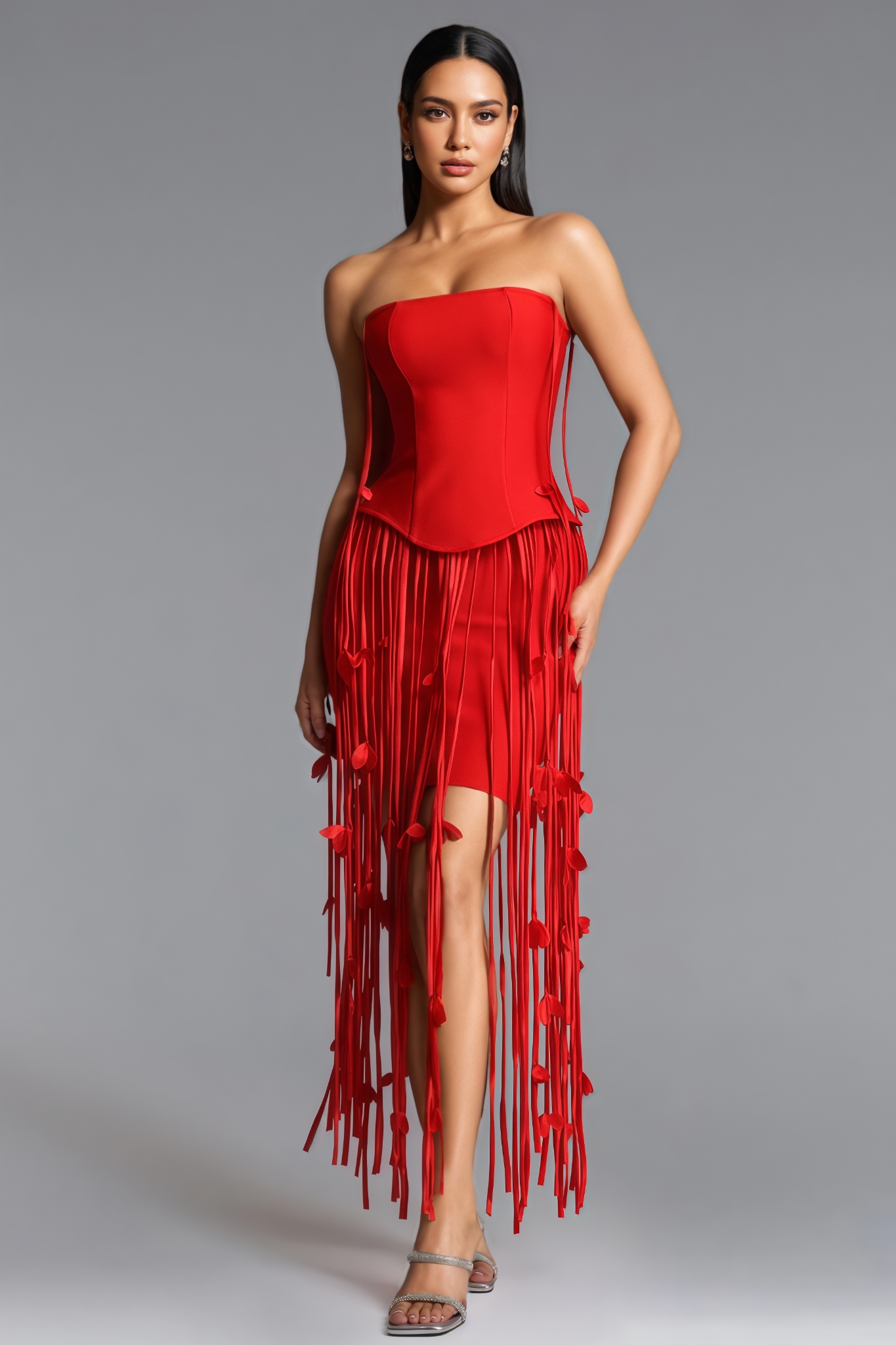 Aurbyre Red Strapless Fringe Bandage Maxi Dress