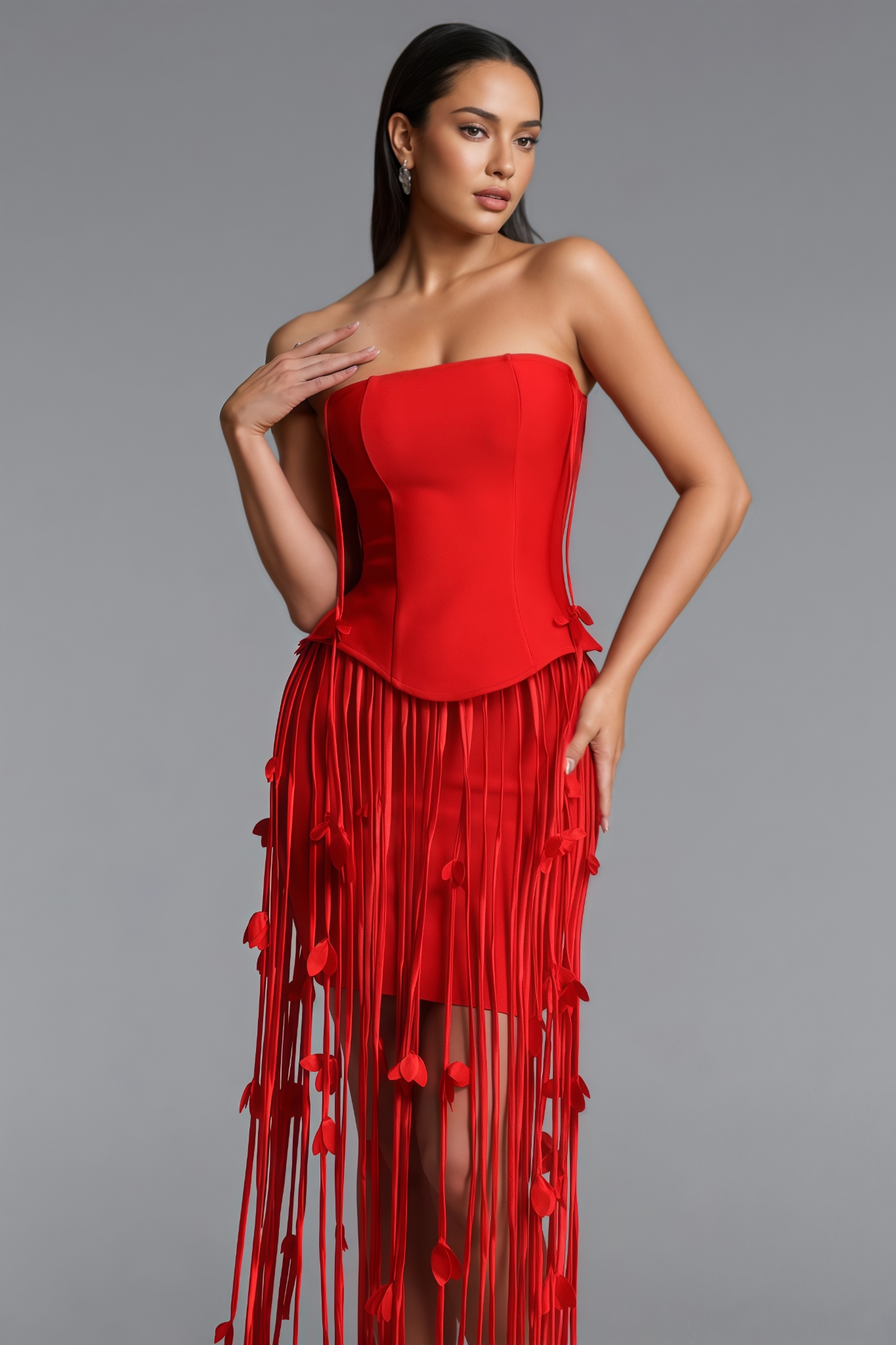 Aurbyre Red Strapless Fringe Bandage Maxi Dress