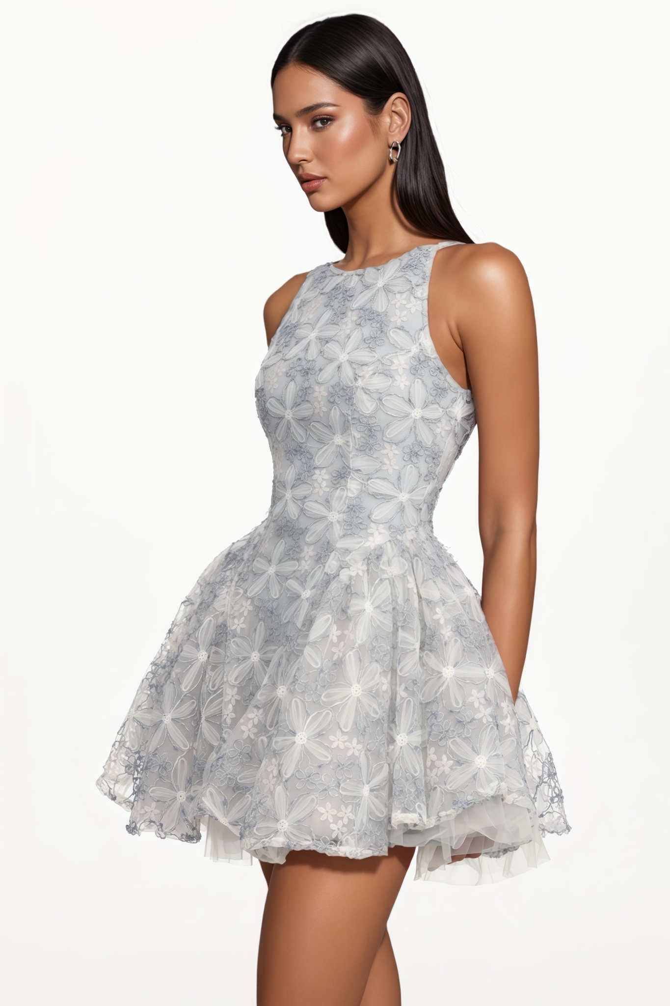 Elican Blue Sleeveless Floral Mini Dress