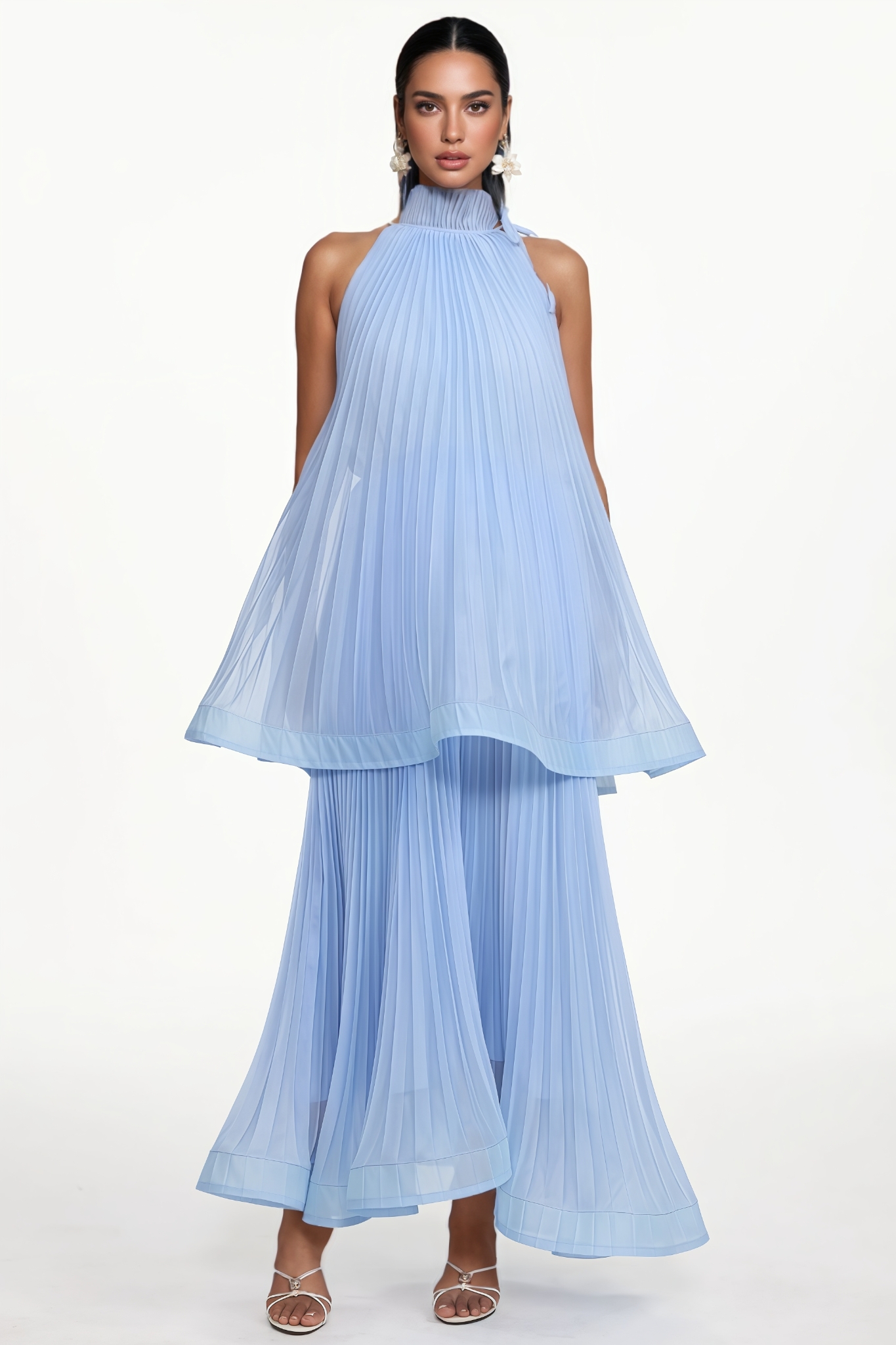 Kalisy Blue Sleeveless Pleated Maxi Dress