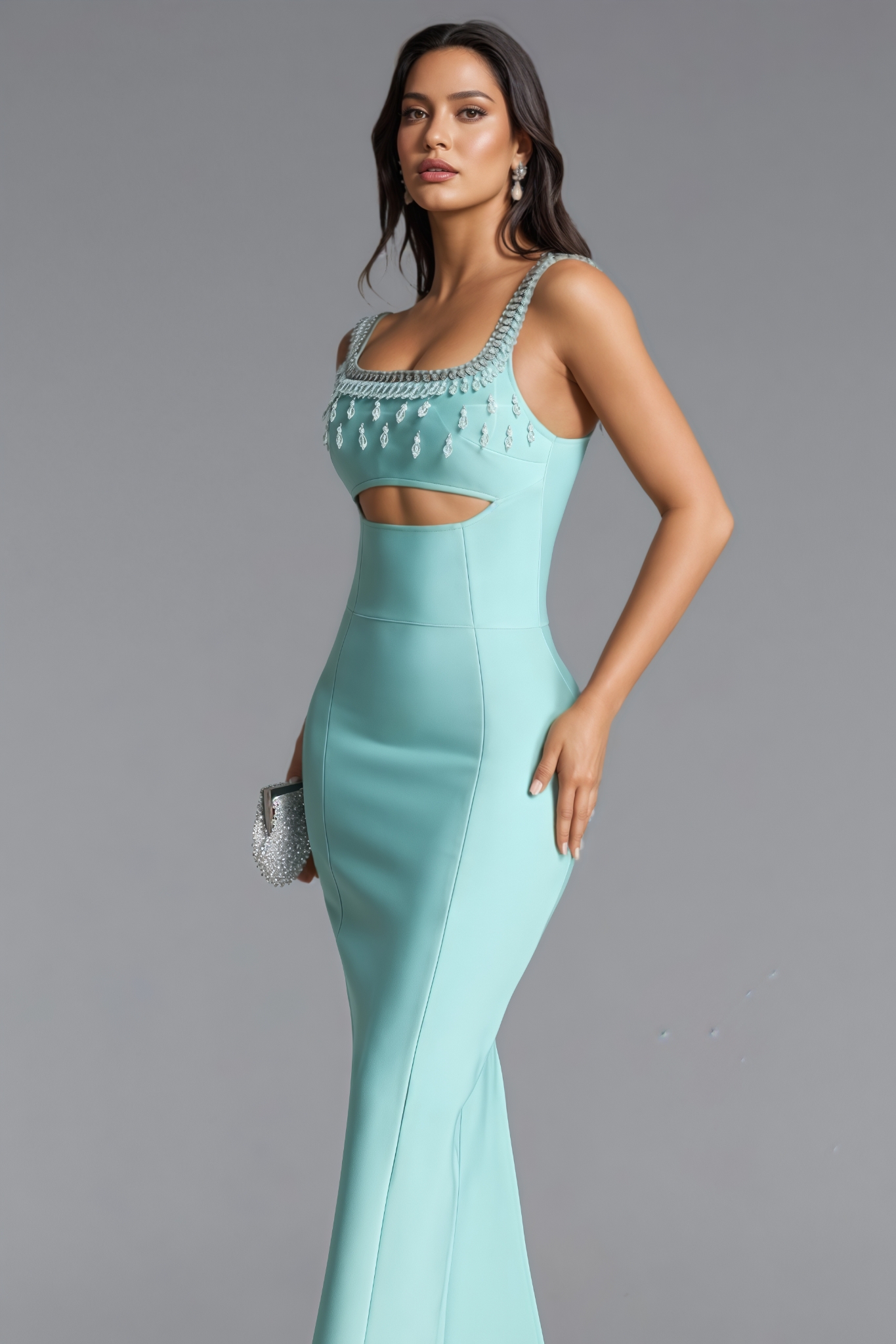 Zarnek Sleeveless Cut Out Rhinestone Bandage Maxi Dress