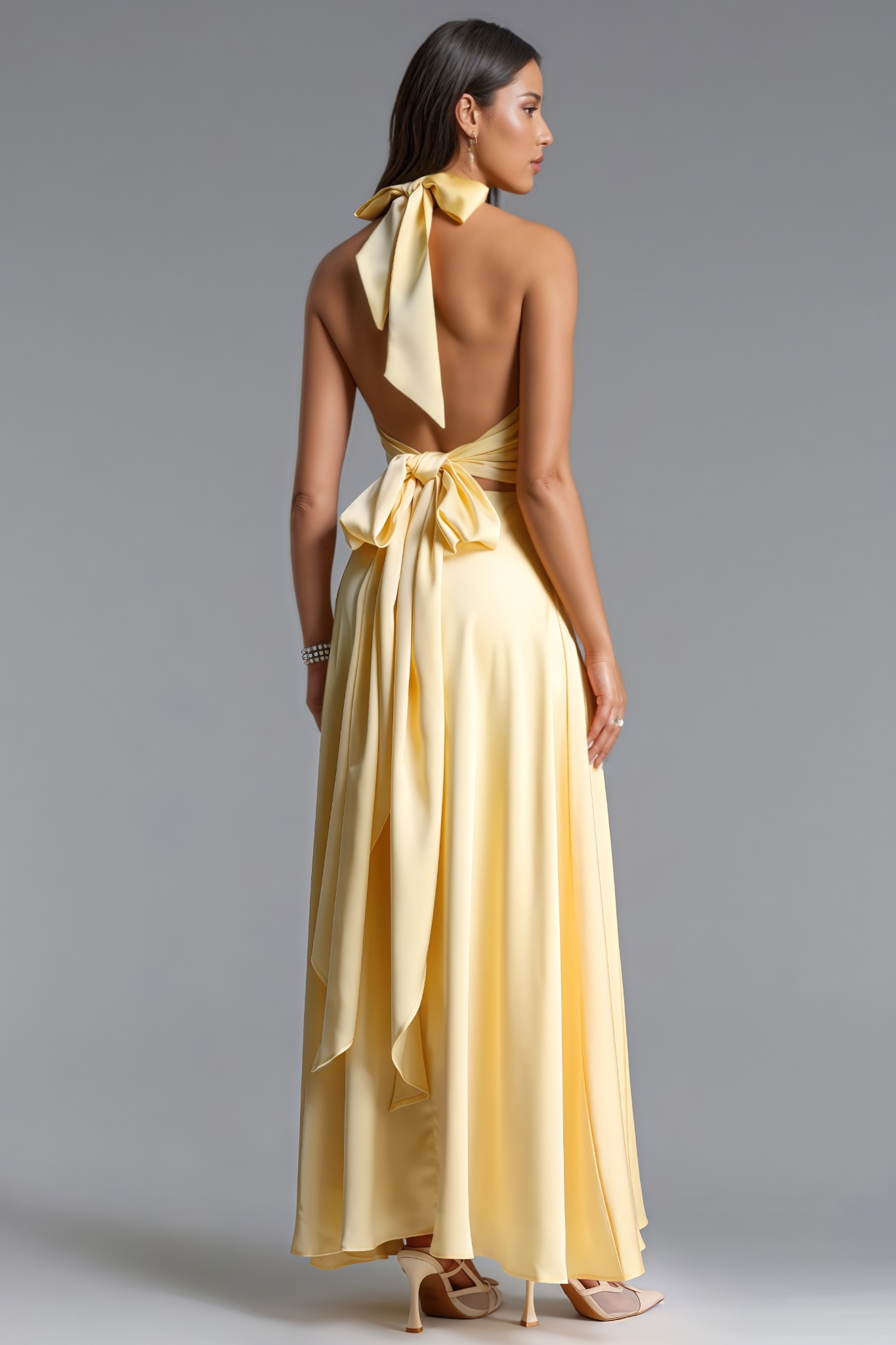 Wrany Yellow Halter Ruched Maxi Dress