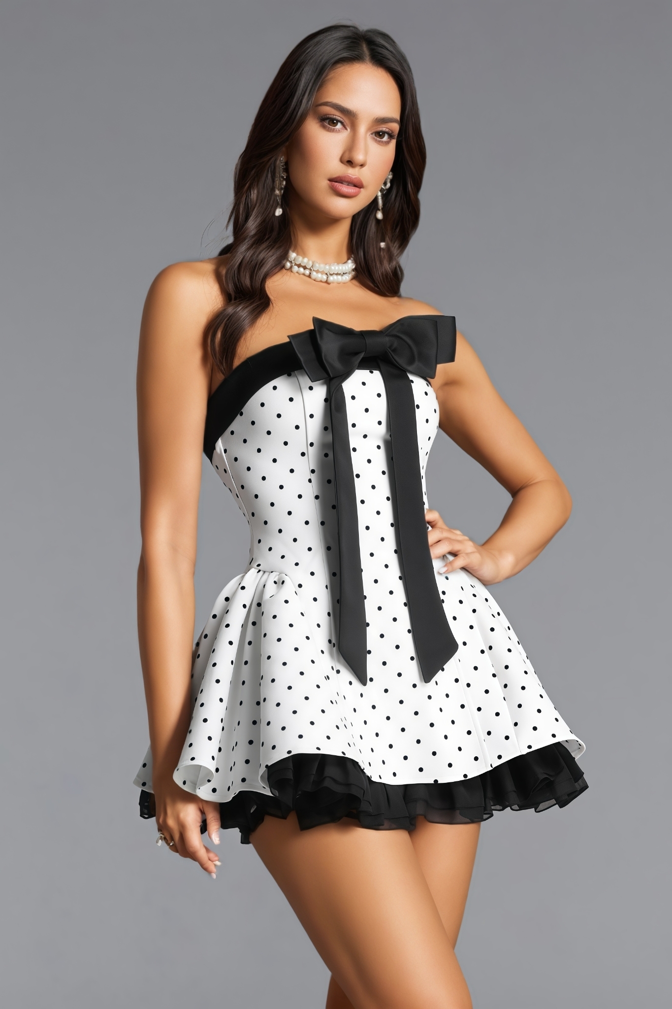 Alisht Strapless Bow Polka Dot Mini Dress