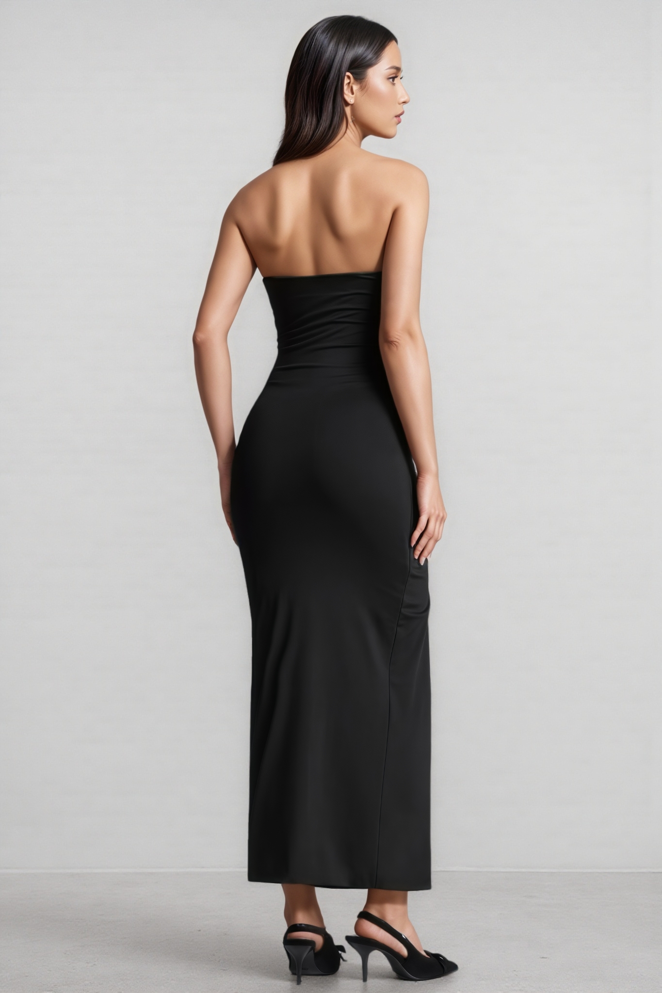 Quilant Strapless Ruched High Slit Maxi Dress