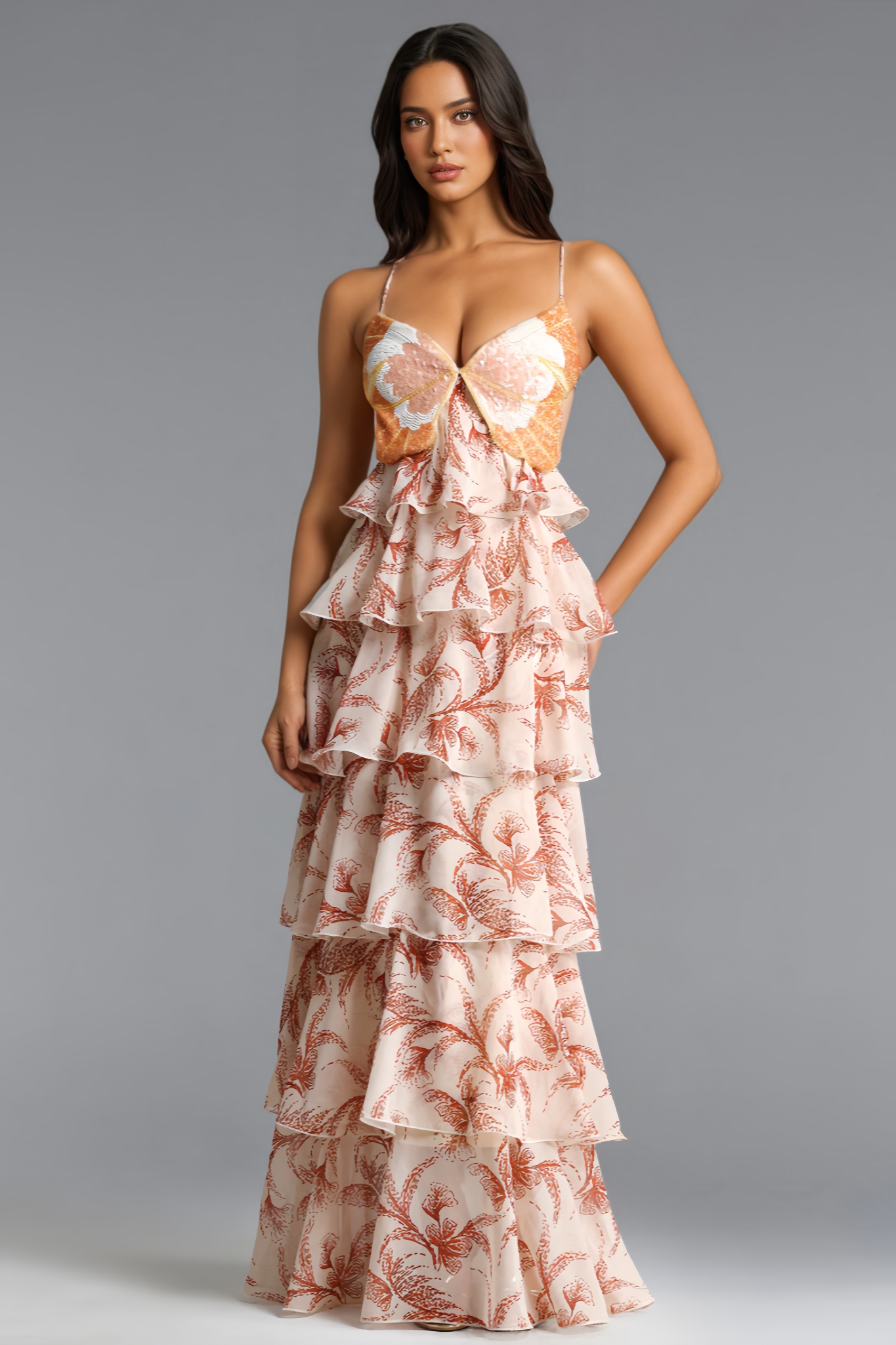 Ritrhy Halter Ruffle Sequin Print Maxi Dress