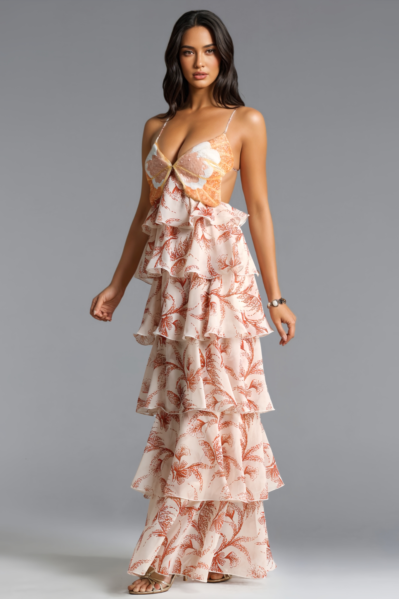 Ritrhy Halter Ruffle Sequin Print Maxi Dress
