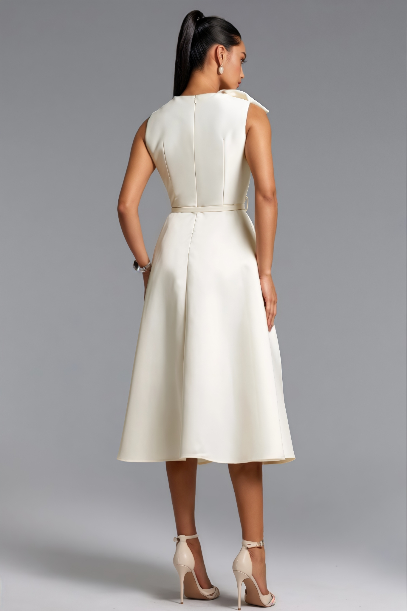Jenson Beige Sleeveless Bow Midi Dress