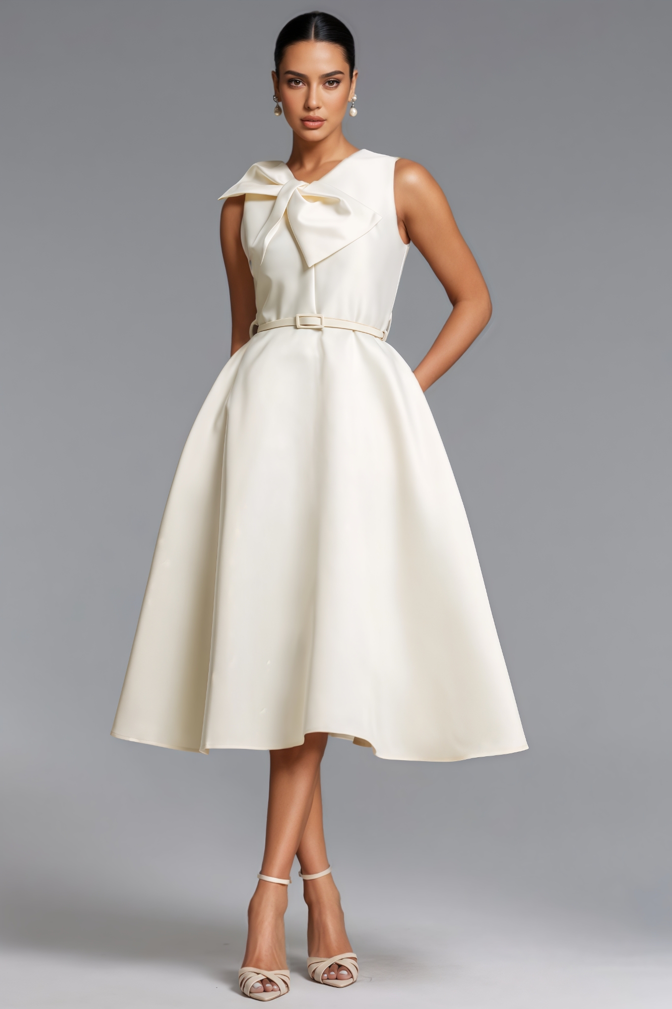 Jenson Beige Sleeveless Bow Midi Dress