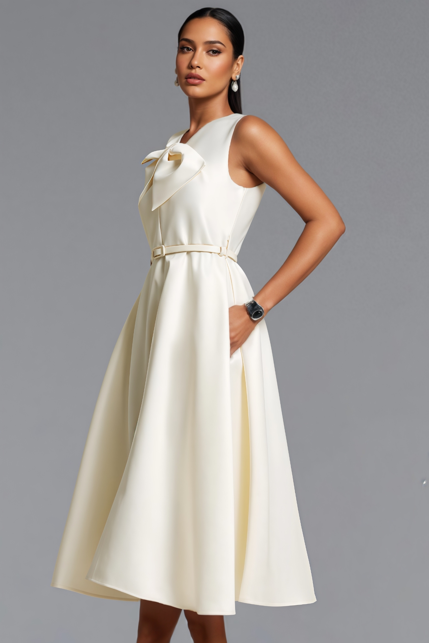 Jenson Beige Sleeveless Bow Midi Dress