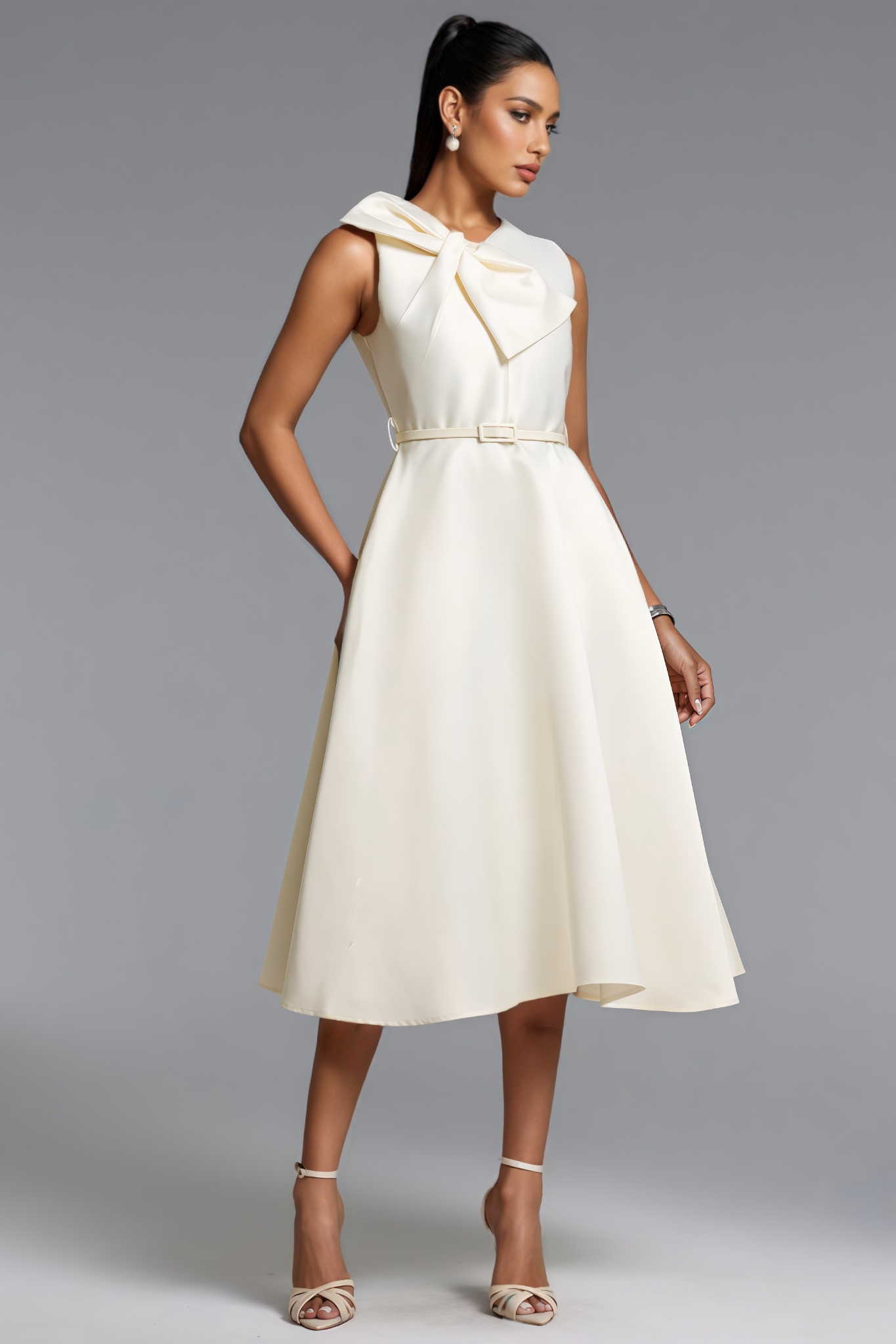 Jenson Beige Sleeveless Bow Midi Dress