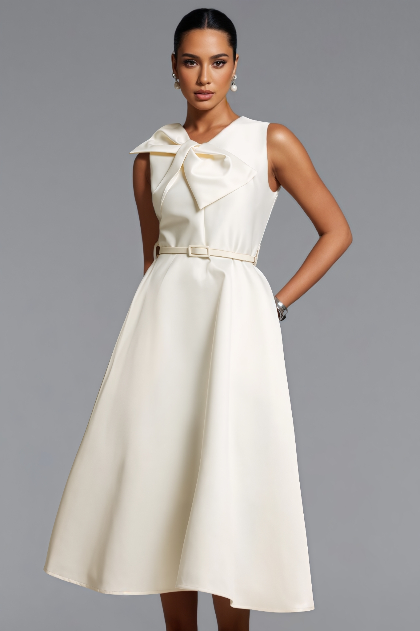 Jenson Beige Sleeveless Bow Midi Dress