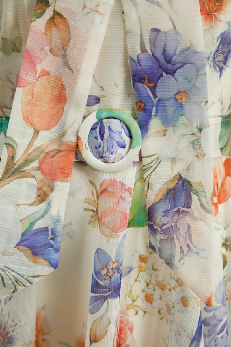 Mosant Beige Floral Print Puff Sleeve Maxi Dress