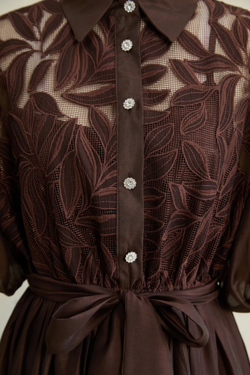 Luyrie Brown Leaf Embroidered Puff Sleeve Maxi Dress